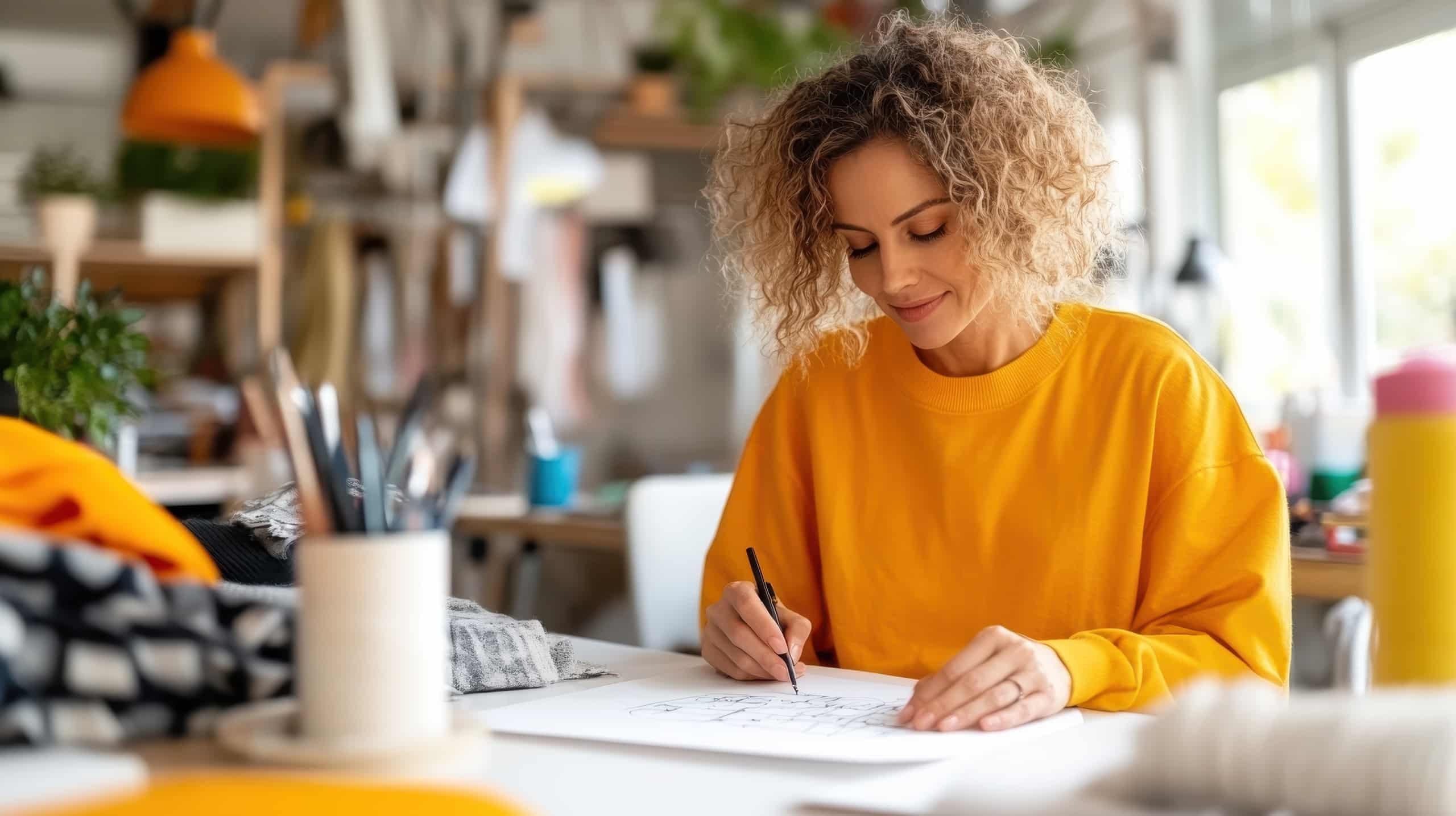 Junge Frau, die am Schreibtisch ihres hellen geräumigen Hobbyraums sitzt und Skizzen erstellt.